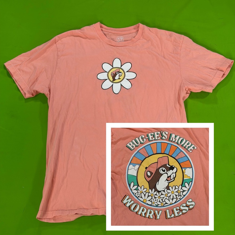 Buc-ee's More Worry Less T Shirt Mens M Coral Daisy Beaver Logo Tee Texas USA